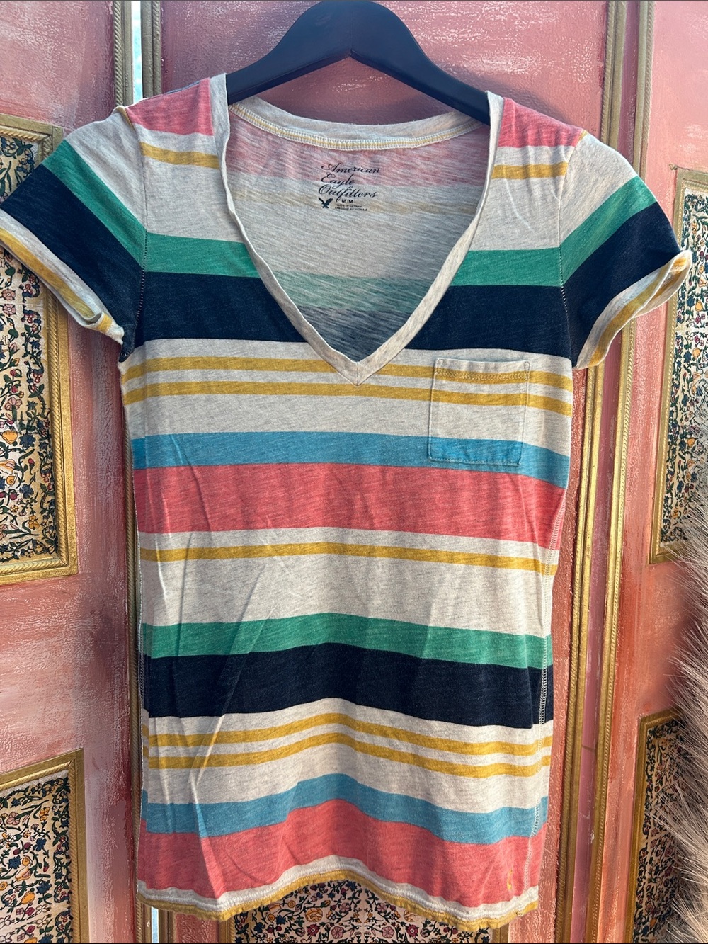 American Eagle Outfitters Striped V‑Neck Pocket Tee in Coral, Teal & Mustard